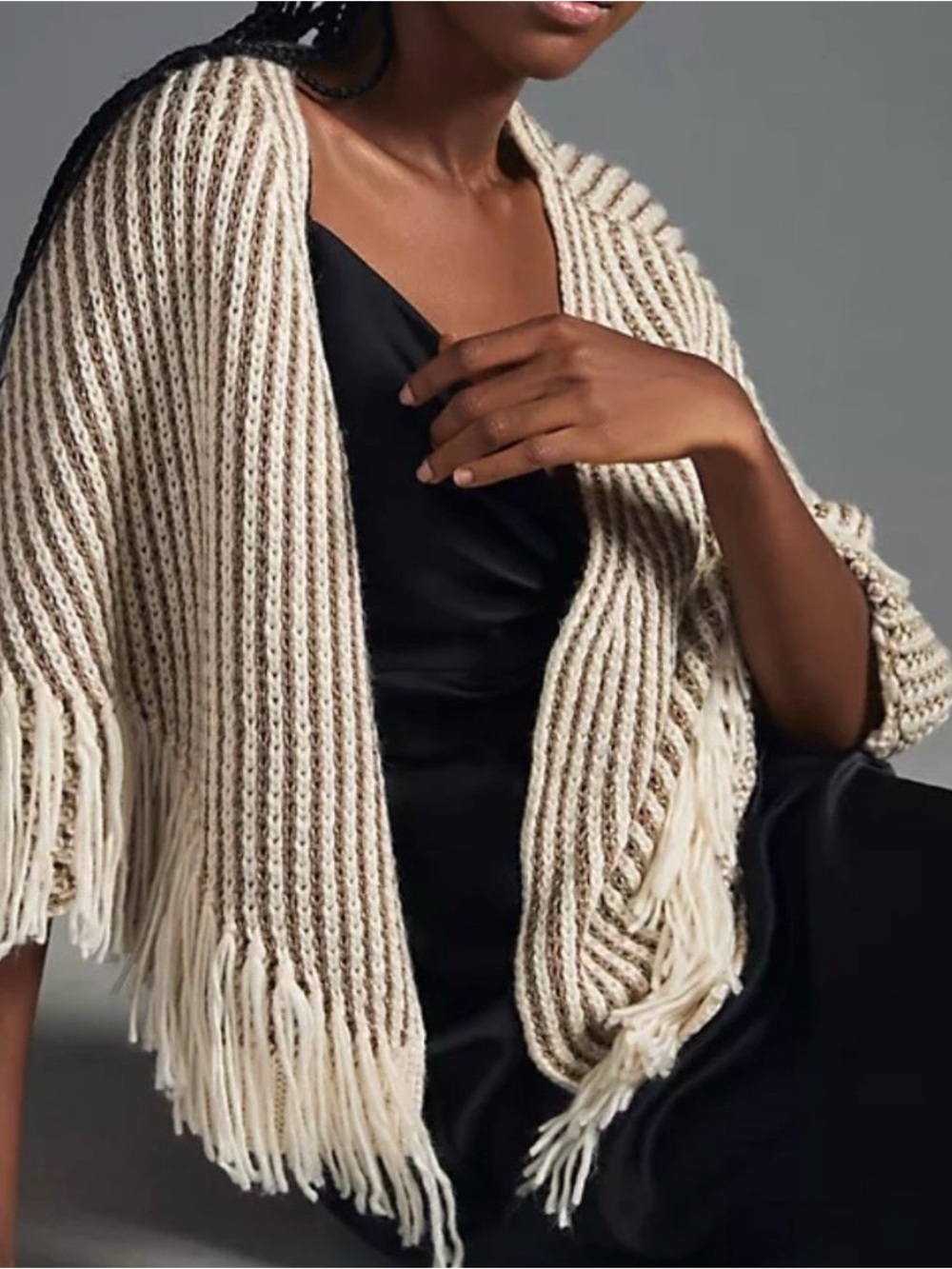 NWOT Anthropologie Metallic Cream Open-Knit Fringe Poncho Shrug